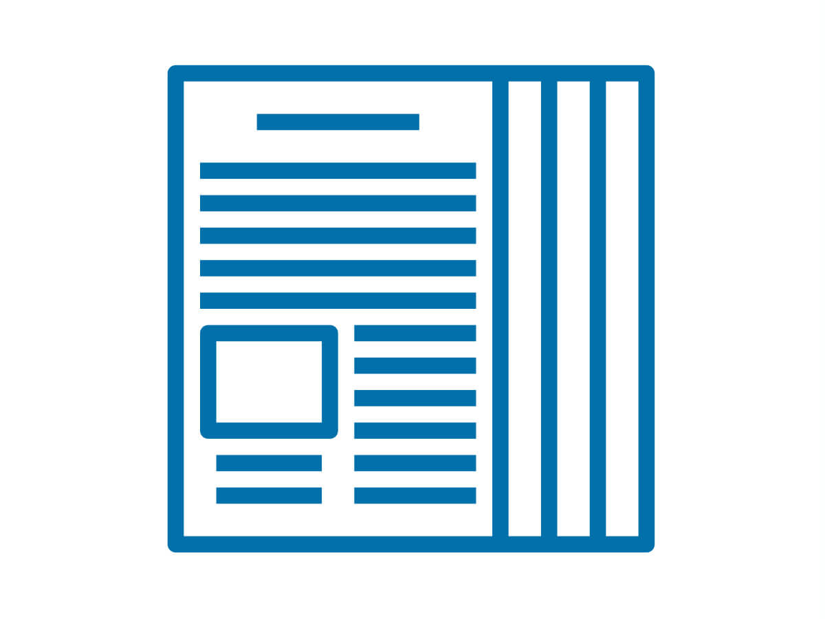 Blue and white icon with four written pages spread out to represent articles on Air pollution Control systems