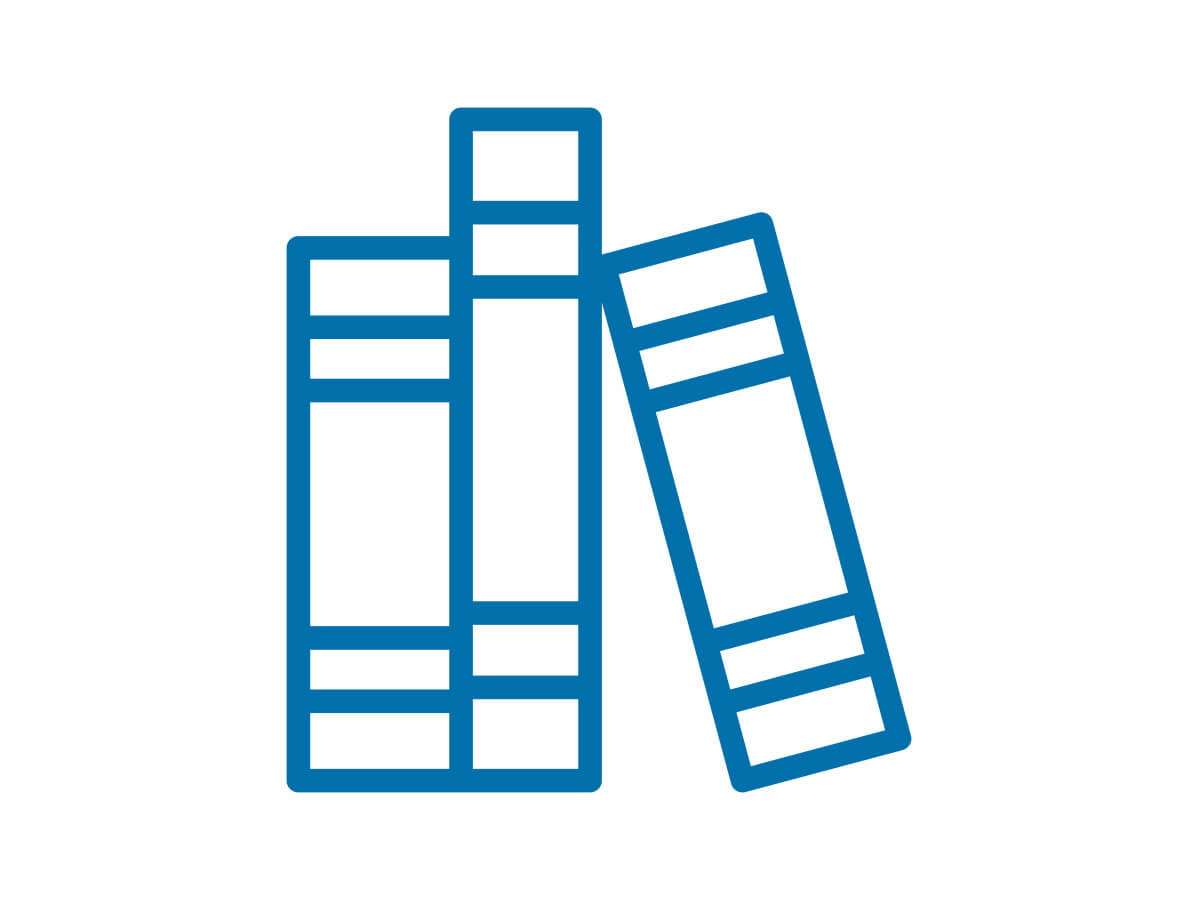 Blue and white icon with three books representing document library