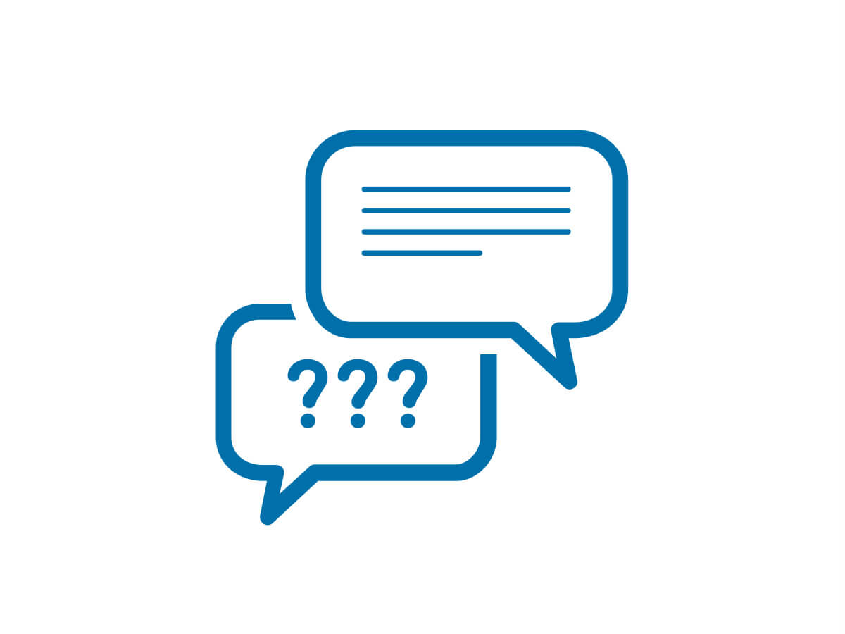 Blue and White Icon with one text bubble with question marks and another text bubble with text lines to represent FAQ questions and answers
