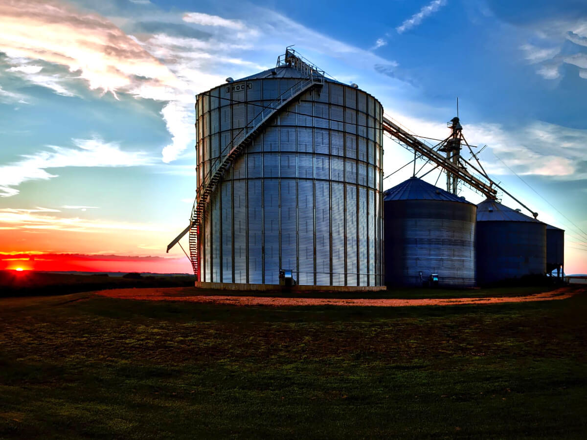 Grain Silos Silhouetted Against Setting Sun and Colorful Sky at Animal Feed Plant