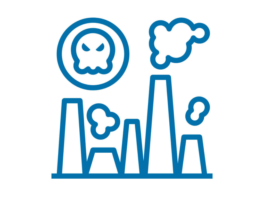 Blue icon on white background showing five smoking factory stacks with a skull inside sun in the sky representing Hazardous Air Pollutants