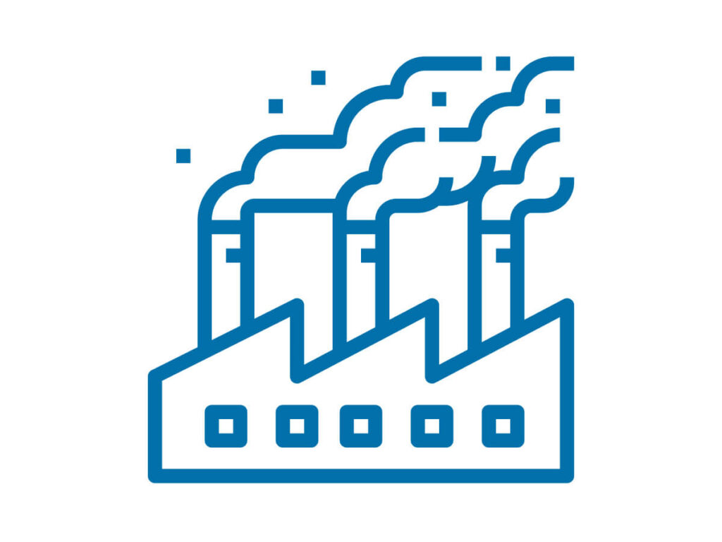 Blue icon on white background of factory with three smoke stacks emitting smoke and particulate matter