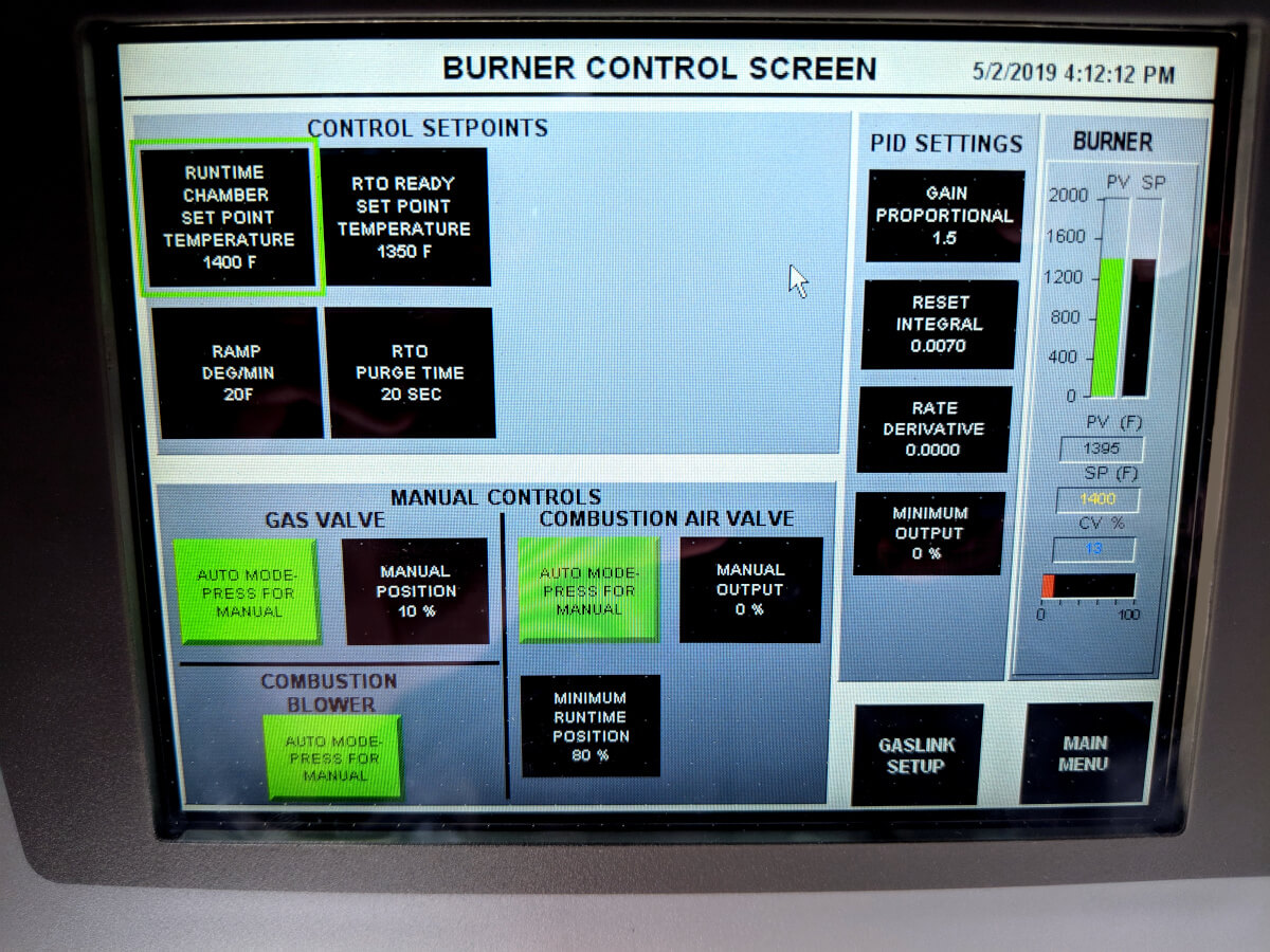 Burner Control Panel Screen That Runs Regenerative Thermal Oxidizer Burner Either in Manual or Auto Mode