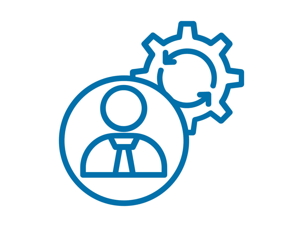 Blue Icon on white background showing circle with head and shoulders of Man with tie inside it superimposed over a gear symbol representing Agnostic Engineering