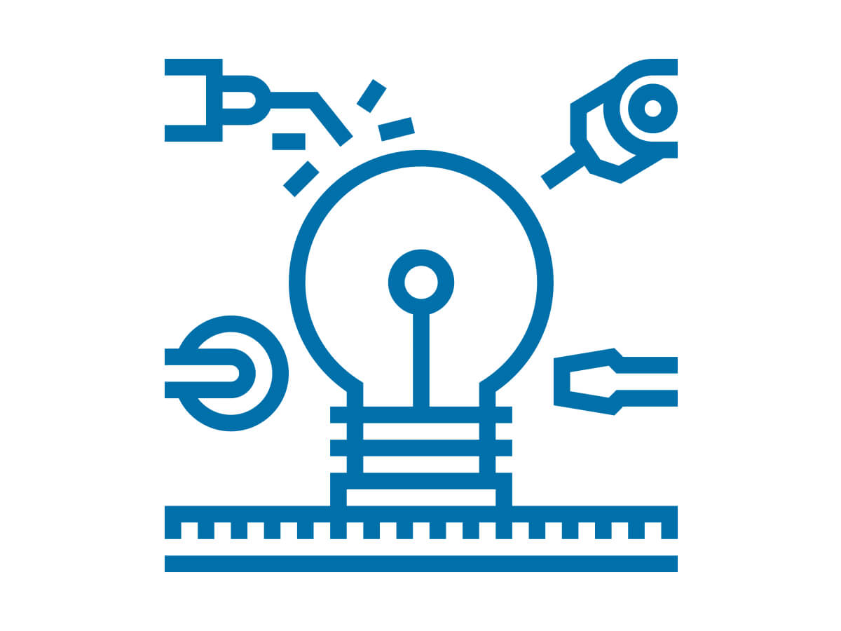 Blue Icon on white background showing Light Bulb With Four Tools Touching Bulb representing Diverse Product Portfolio