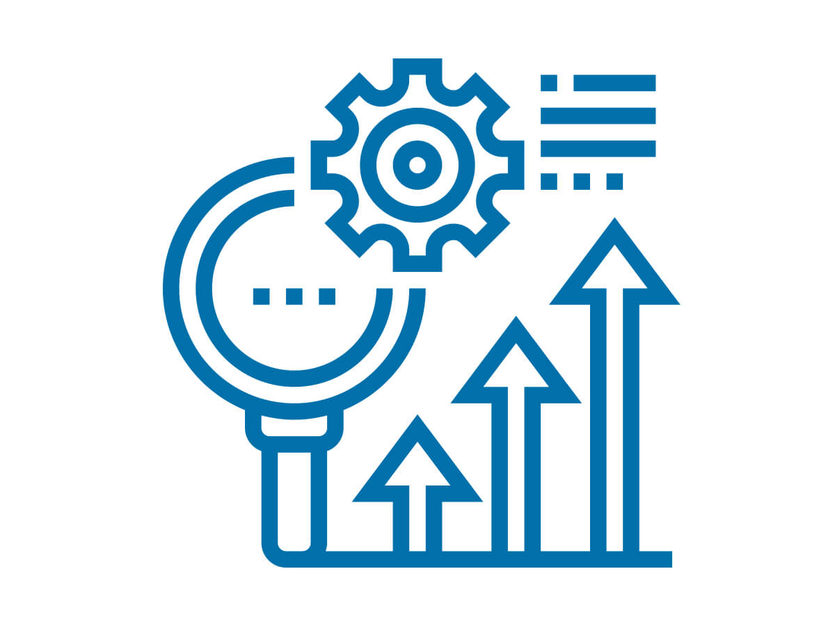 Blue Icon on white background with gear symbol superimposed over Magnifying Glass next to 3 scaled arrows pointing at four lines to imply Holistic Design Process