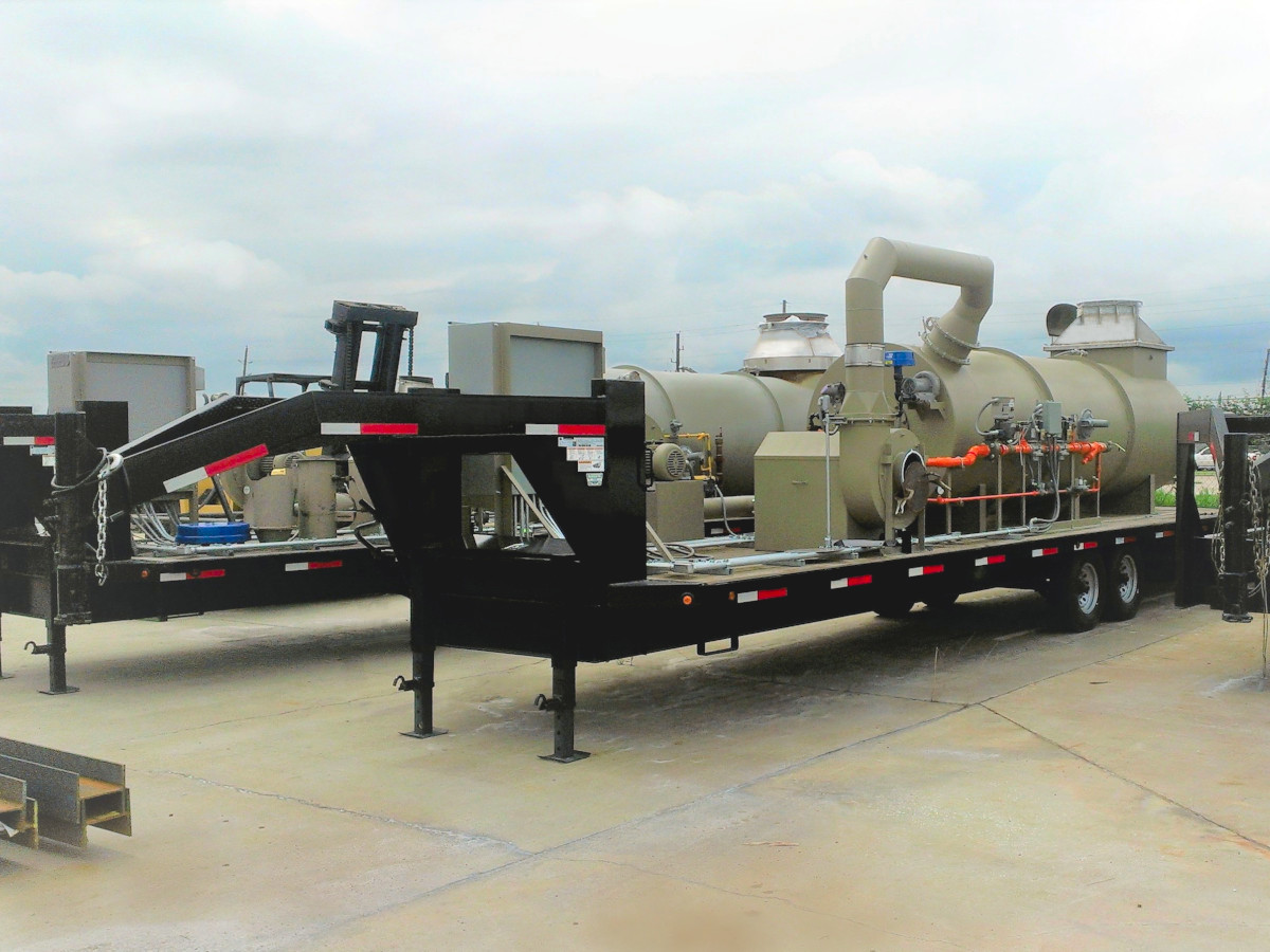 A Trailer-Mounted Portable Thermal Oxidizer for VOC Treatment waits to be hauled to an Industrial Site