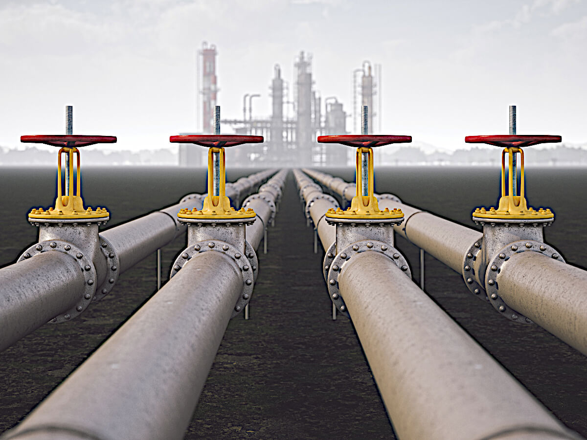 Four Steel Pipes with Shut-off Valves Transport Crude Oil to Midstream Facility