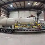 The side view of a french gray thermal oxidizer system, which has a yellow gas train and sits ontop of a black trailer inside of a manufacturing warehouse.