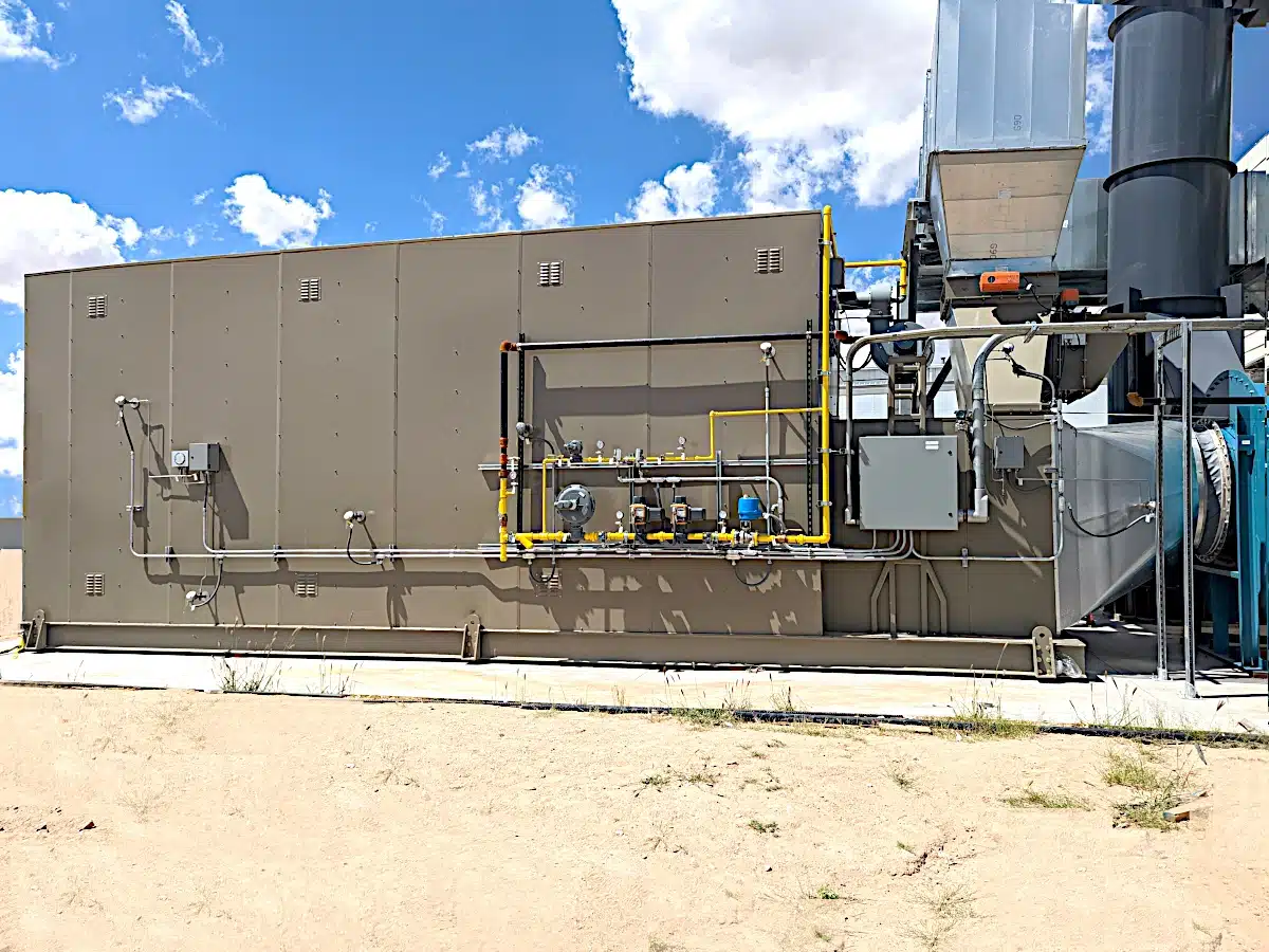 Pollution Systems OEM EtO Catalytic Oxidizer, Model# RCO-30, outside of a medical sterilization facility in New Mexico to abate ethylene oxide from 30,000 SCFM of process exhaust for regulatory compliance.