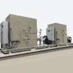 Two identical Pollution Systems Electric Catalytic Oxidizers, Model# ERCO-1, are designed to operate in parallel at a semiconductor plant for high-efficiency removal of VOCs.
